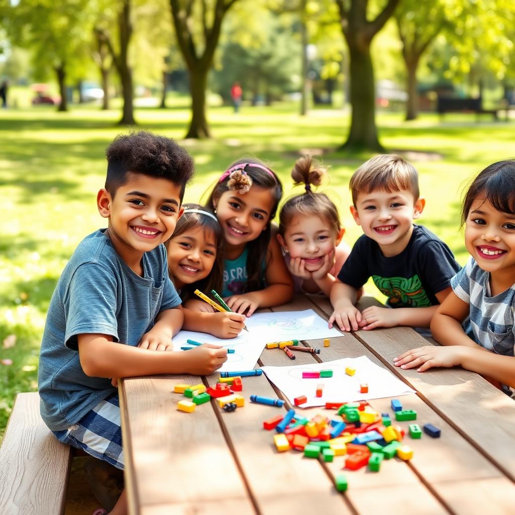Kids drawing designs on paper at a park picnic table with LEGO bricks